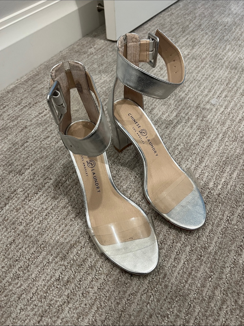 Chinese Laundry Silver Metallic Clear-Strap Block Heels